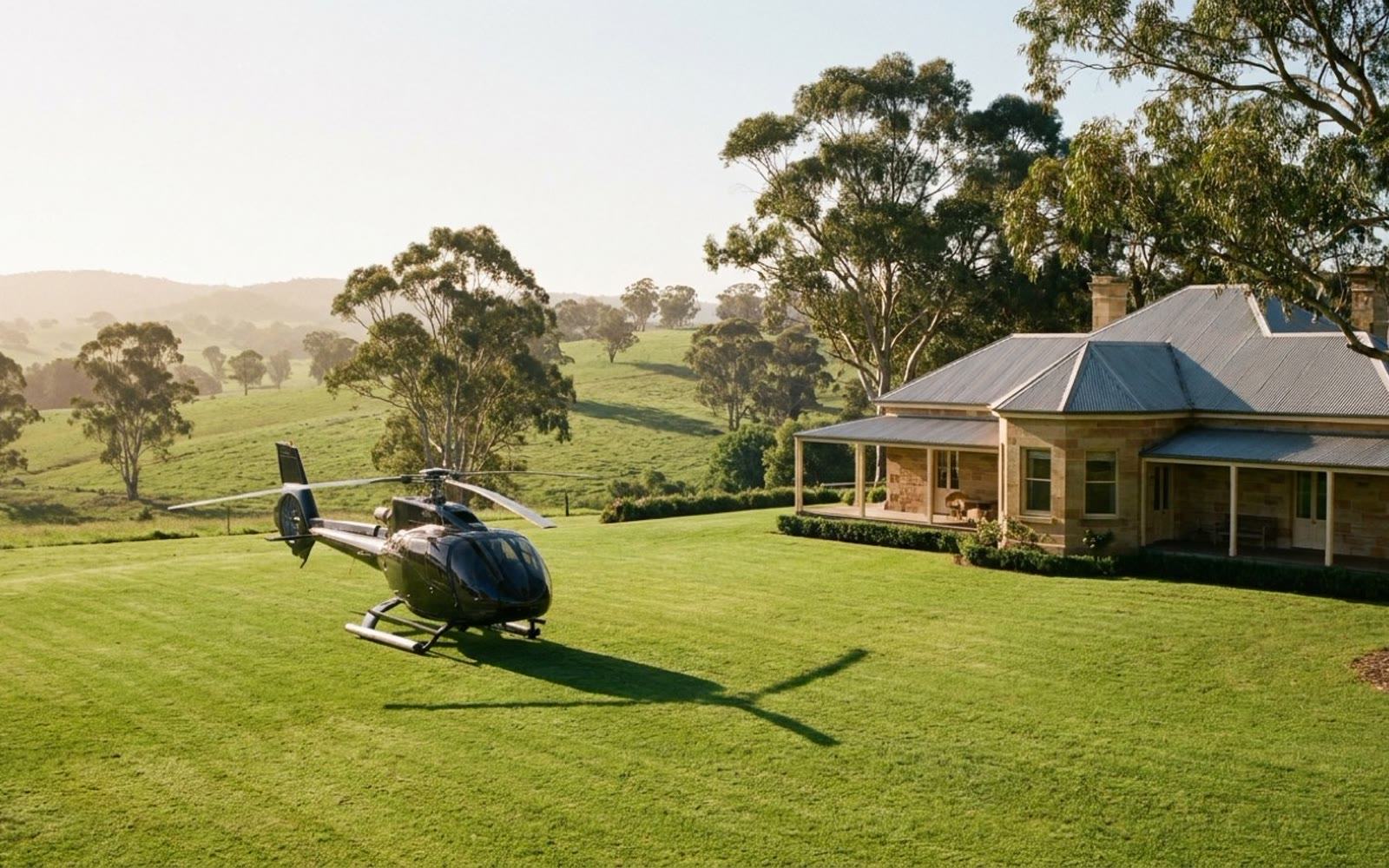 Landing on the estate lawn