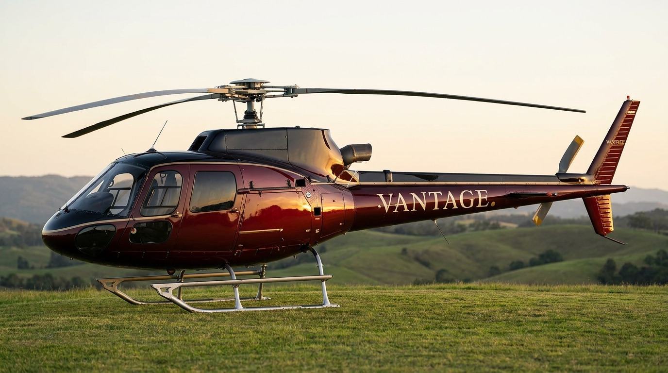 The Airbus AS350 on the ground, doors open, ready to board
